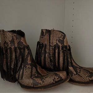 Tony Lama Snakeskin Ankle Boots with Fringe